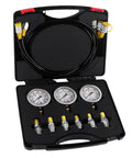SINOCMP Hydraulic Pressure Test Kit Featuring Three Gauges And Six Couplings With Long Hoses For Excavator Equipment And Heavy Duty Construction Machinery Diagnostic Tools In Portable Case, showcasing the kit's contents.