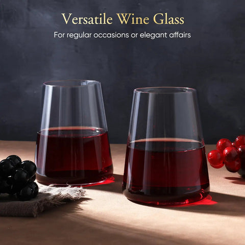 Stemless Wine Glass Set Of 4 Hand Made 16oz Crystal Red And White Wine Glasses For Everyday Use on table with red wine