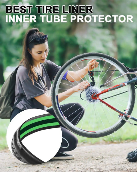 Woman installing Road Bike Tire Liner Set Pair For Two Tires TPU Flat Protector Compatible With 700C 27 27.5 28 Inch Road Tires