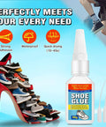 Heavy Duty Shoe Glue For Boots And Sneakers, Waterproof Bond For Leather Rubber And Fabric bottle with shoe images on high heel