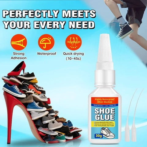 Heavy Duty Shoe Glue For Boots And Sneakers, Waterproof Bond For Leather Rubber And Fabric bottle with shoe images on high heel