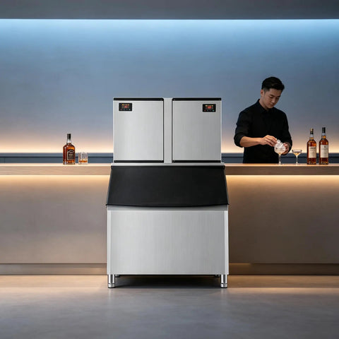 Heavy Duty Commercial Ice Maker Pumping Out Crisp Clear Cubes On The Fly With Stainless Steel Frame in bar setting.