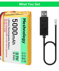 High Capacity 3.7V 5000mAh LiPo Battery With USB Charger Cable, Meshnology label, PH2.0 plug, for Arduino and RC cars.