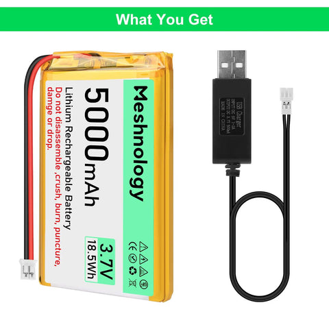 High Capacity 3.7V 5000mAh LiPo Battery With USB Charger Cable, Meshnology label, PH2.0 plug, for Arduino and RC cars.