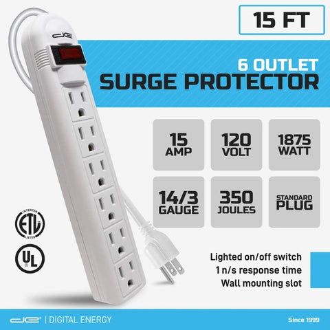 Long Reach 50 Foot 6 Outlet Surge Protector Power Strip With Lighted On And Off Switch 350 Joules 15 Amp 120 Volt 14 Gauge Wire Mounting Holes White Finish shown with specifications.