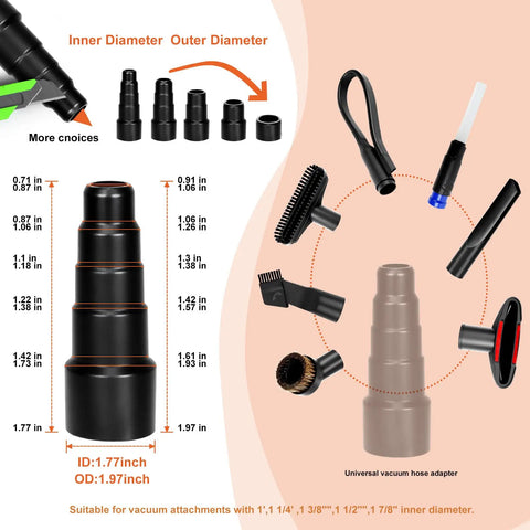 All Purpose Universal 14 Piece Vacuum Attachment Kit includes various sized adapters and nozzles, diagram illustrating dimensions.