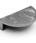 Ginkgo Leaf Cabinet Pulls With Antique Gray Finish 3 Inch Hole Spacing Rustic kitchen drawer handle close-up view