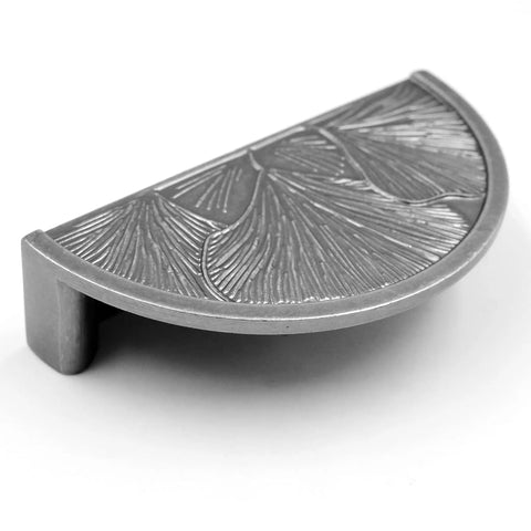 Ginkgo Leaf Cabinet Pulls With Antique Gray Finish 3 Inch Hole Spacing Rustic kitchen drawer handle close-up view