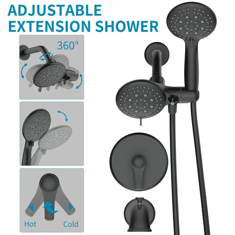 Matte Black Shower System With Tub Spout And 2 In 1 Rainfall Head With Handheld, 3 Way Diverter Valve Kit, Spa Like Shower
