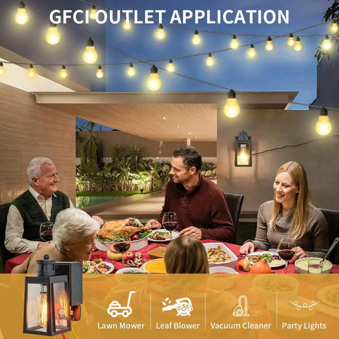 Family dining outdoors with GFCI Porch Light With Dusk To Dawn Motion Sensor Breezy Rustproof Outdoor Lighting Fixture Three Lighting Modes