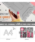 Person holding portable case of Pink Basic Tool Kit In A Portable Case For College Dorm Home And Office DIY Repairs, A4 size shown.