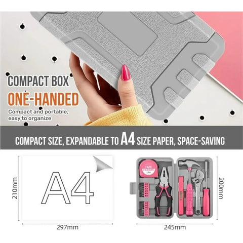 Person holding portable case of Pink Basic Tool Kit In A Portable Case For College Dorm Home And Office DIY Repairs, A4 size shown.