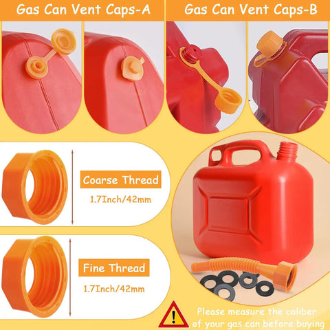 12 Pack Gas Can Spout Replacement Kit With Bendable Nozzle Screw Collar Caps Gasket Stoppers And Vent Caps For Most Oil Gas Water Cans Orange For Home Use, shown with components and vent caps on red container