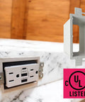 UL Listed 1-Gang Non-Metallic Outlet Box Extender Kit for Power Switch Receptacles, shown installed and with UL logo