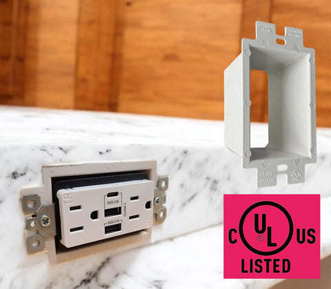 UL Listed 1-Gang Non-Metallic Outlet Box Extender Kit for Power Switch Receptacles, shown installed and with UL logo