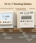 Kickass Retro Dock Station For Mac Mini M4 Pro With Built In Cooling Fan And Five Inch HD Screen Drives Enclosure Thunderbolt Compatible Hub SD Memory Slot 8K Monitor Port Heavy Duty Office Setup showing connections and features.