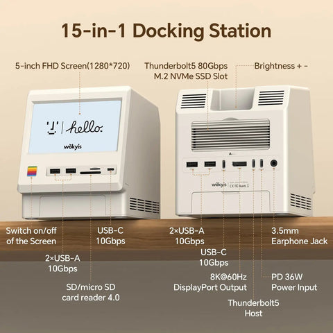 Kickass Retro Dock Station For Mac Mini M4 Pro With Built In Cooling Fan And Five Inch HD Screen Drives Enclosure Thunderbolt Compatible Hub SD Memory Slot 8K Monitor Port Heavy Duty Office Setup showing connections and features.