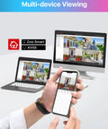Multi-device viewing of All In One AI Motion Detection Home Security System With 8 Channel DVR displayed on phone, laptop, and desktop.