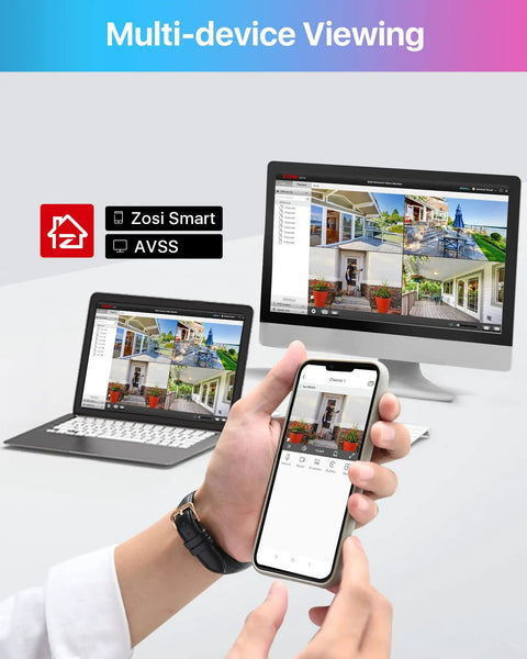 Multi-device viewing of All In One AI Motion Detection Home Security System With 8 Channel DVR displayed on phone, laptop, and desktop.