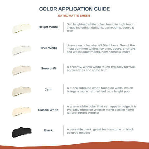 Color application guide showing different white shades and black matte, including Bright White, True White, Snowdrift, Calm, Classic White, and Black.