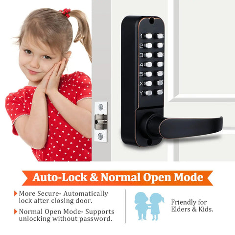 Keyless Entry Digital Door Lock With Dual Keypad, Front Door And Gate Lock For Outdoor Fence shown with child illustration