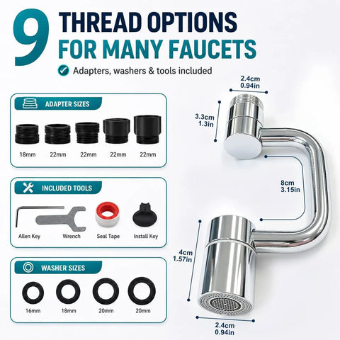 Two Piece U Shaped Faucet Extender Featuring Smooth Swivel Reach And Dual Spray Modes Comes Complete With All Gaskets For Super Simple Kitchen And Bath Sink Updates In Classic Silver