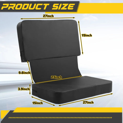 Go Kart Two Seater Seat Cushion with Elastic Straps, dimensions labeled, waterproof PU leather, comfort backrest support, double seat pad