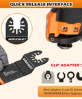 Front view of AMZWEI titanium oscillating tool blades with curved edge and clip adapters