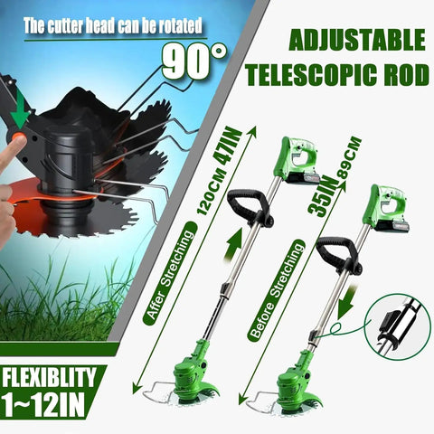 Cordless 21V 4 in 1 Weed Eater With Brush Cutter Edger And Grass Trimmer shows adjustable telescopic rods for garden maintenance