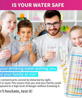 Family in kitchen using 21 In 1 Drinking Water Test Strips Kit For Home Use, Fast And Easy At Home Water Testing For pH Hardness Lead Iron Copper Chlorine Bacteria And More, Safe Tap Water Or Well Water.
