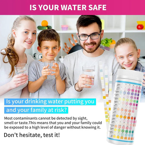 Family in kitchen using 21 In 1 Drinking Water Test Strips Kit For Home Use, Fast And Easy At Home Water Testing For pH Hardness Lead Iron Copper Chlorine Bacteria And More, Safe Tap Water Or Well Water.