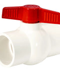 Front view of 2x2 Inch Slip Schedule 40 PVC Quarter Turn Ball Valve For Inline Plumbing 150 PSI with red handle