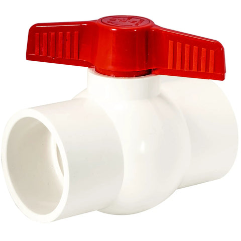 Front view of 2x2 Inch Slip Schedule 40 PVC Quarter Turn Ball Valve For Inline Plumbing 150 PSI with red handle
