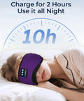 Woman wearing Bluetooth Sleep Mask With White Noise And Wireless Headphones, Ultra Soft Breathable Eye Mask, purple, for night use.