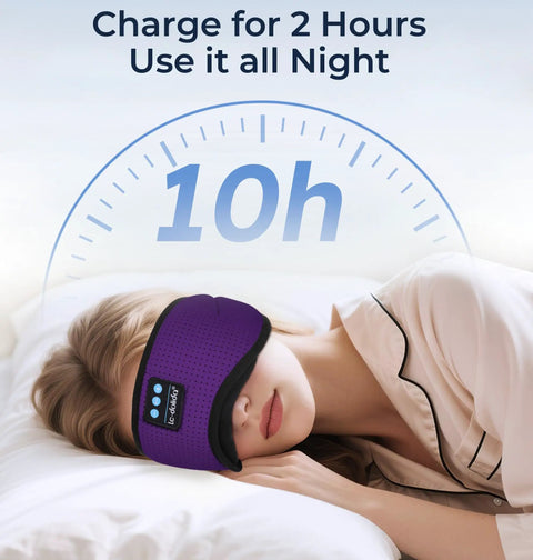 Woman wearing Bluetooth Sleep Mask With White Noise And Wireless Headphones, Ultra Soft Breathable Eye Mask, purple, for night use.