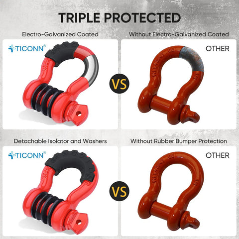 Comparison of Beefy Two Pack D Ring Shackle 7/8 Inch Screw Pin 57,000 Lbs with and without coating and protection features