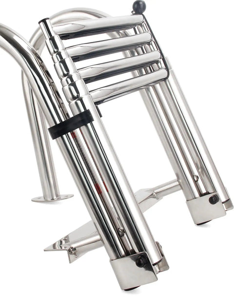 Badass 4 Step Telescoping Dock Ladder For Pontoon Boats And Yachts features heavy-duty stainless steel frame and foldable design.