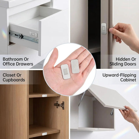 Super Strong 24 Pack Cabinet Magnets With Adhesive Secure Door Closure For Drawers And Cupboards showing installation for sliding doors.
