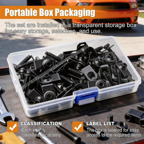 50 Pack M6 1.0 Body Bolts And U Nut Clip Kit For Splash Shields Durable Metal Fasteners For Car Splash Guards And Engine Protection With Rust Resistant Long Lasting Performance And Easy Installation in clear storage box