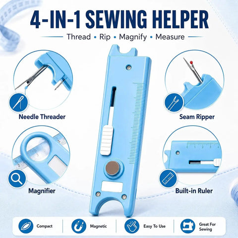 4 In 1 Needle Threader For Sewing Machines, Quick No-Fuss Threading With V-Shaped Guide Sleeve, Magnetic Positioning For Easy, Safer Fabric Projects, Labor-Saving Accessory, Blue shown with seam ripper, magnifier, and built-in ruler