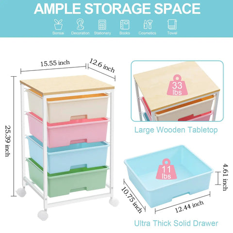 Rolling Storage Cart With Four Large Drawers And Wooden Top, Durable Powder-Coated Mobile Utility Cart on Wheels in Rainbow Finish