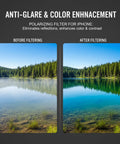 Magnetic CPL Filter For iPhone With Quick Mount 52mm Polarizing Phone Lens For iPhone 12 To 17 Anti Glare Reduces Reflections Boosts Color Contrast And Clarity One Second Snap On showing before and after landscape image results.