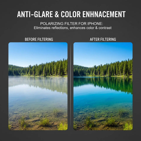 Magnetic CPL Filter For iPhone With Quick Mount 52mm Polarizing Phone Lens For iPhone 12 To 17 Anti Glare Reduces Reflections Boosts Color Contrast And Clarity One Second Snap On showing before and after landscape image results.