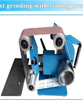 Heavy Duty Bench Belt Sander And Polisher showing adjustable sanding belt mechanism for wood and metal, 750W motor.