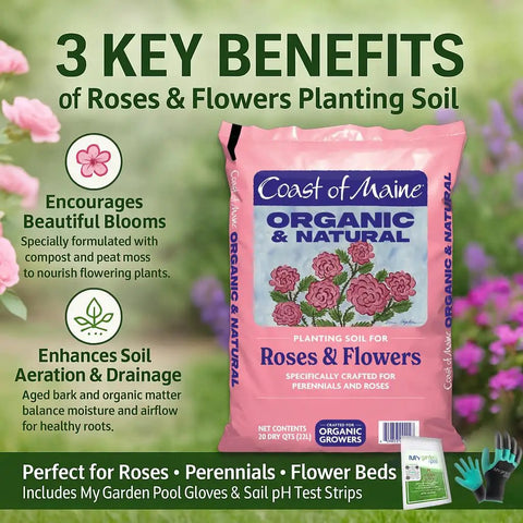 Roses And Flower Planting Soil That Keeps Your Blooms Poppin With Moisture Control 20 Qt Includes My Garden Pool 7 In 1 Soil Test Strips 20 Ct And Claw Gardening Gloves package with benefits highlighted.