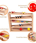 Wooden Race Track Ramp Toy For Toddlers 5 Level Car Ramp Set with colorful cars and balls on wooden frame.