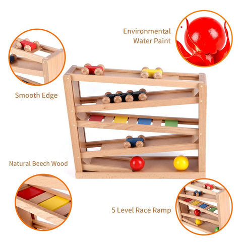 Wooden Race Track Ramp Toy For Toddlers 5 Level Car Ramp Set with colorful cars and balls on wooden frame.