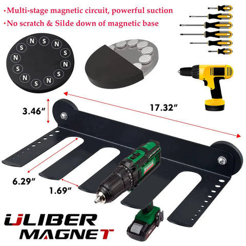 Magnetic Power Tool Organizer Wall Mount Rack With Screwdriver Holder And Removable Tool Rack, holds drill.