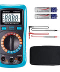Digital multimeter set with blue casing, two probes, case, and two AAA batteries
