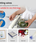 Person using impulse heat sealer with hot cutting wire to seal a package, demonstrating heavy duty bag sealing and cutting machine, white 8 inch.